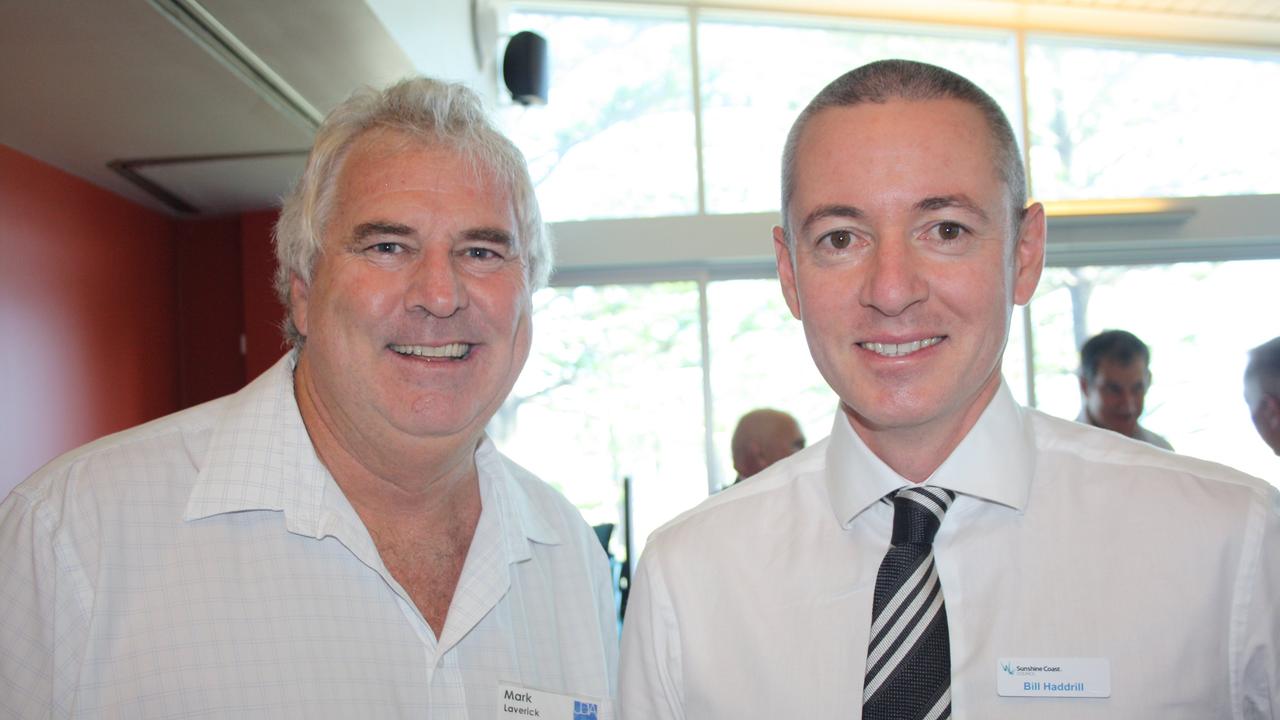 Mark Laverick of Plumbing Design and Drafting with Bill Haddrill of Sunshine Coast Council at the UDIA breakfast at Alex Surf Club. Picture: Erle Levey