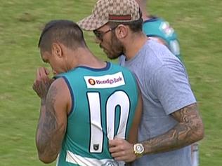 Fremantle Docker Harley Bennell at the WAFL match today between Peel and Swan Districts. Pictured Bennell talking to Traye Bennell.Screengrab from Seven News