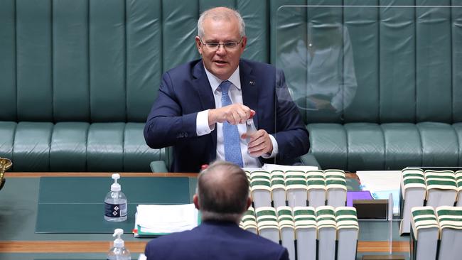 Prime Minister Scott Morrison with Anthony Albanese during Question Time in the House of Representatives in Parliament House Canberra. Picture: NCA NewsWire / Gary Ramage