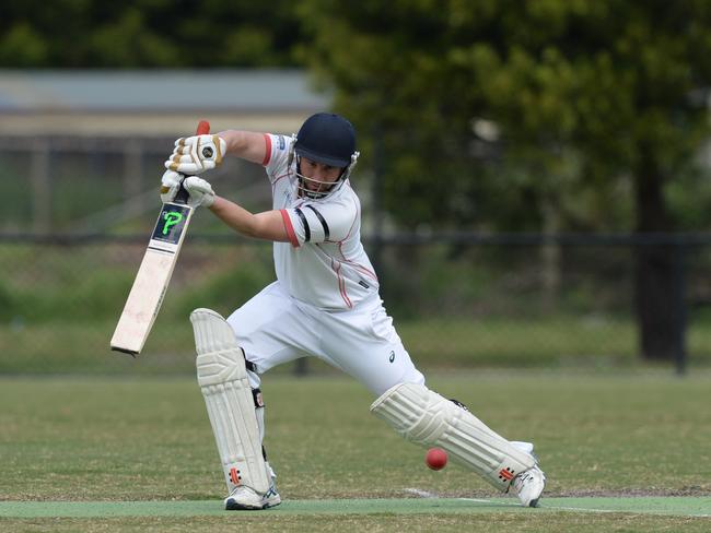 Devon Meadows batsman Lucas Carroll on the drive. Picture: Chris Eastman