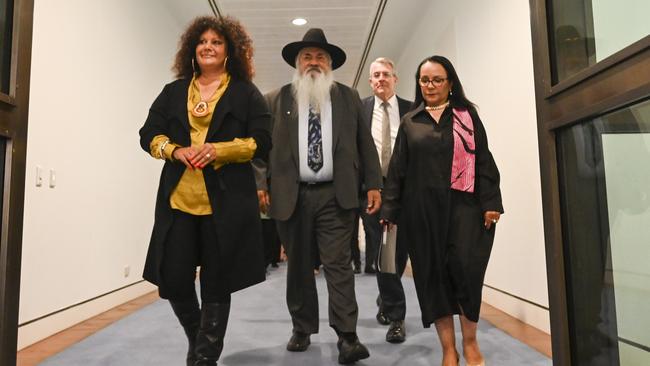 Senators Malarndirri McCarthy (left) and Patrick Dodson with Attorney-General Mark Dreyfus and Indigenous Australians Minister Linda Burney arrive for Thursday’s announcement. Picture: NCA NewsWire / Martin Ollman