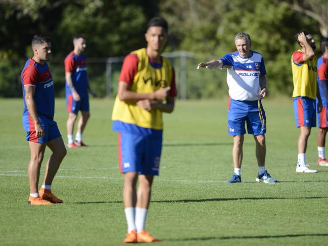 Newcastle Jets Players at training before the Grand Final this week. Coach Ernie Merrick directing the team.Picture's Darren Leigh Roberts