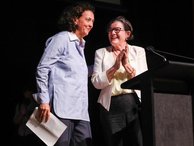 Former Indi MP Cathy McGowan (R) is sometimes called the ‘godmother’ of the independents movement. She is pictured her with teal candidate for Kooyong Monique Ryan. Picture: NCA NewsWire / Ian Currie