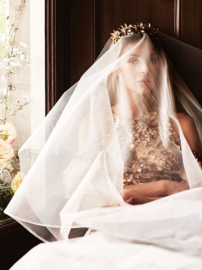 Hawkins wears Aje dress, Viktoria Novak crown, tulle veil stylist’s own. Picture: Duncan Killick