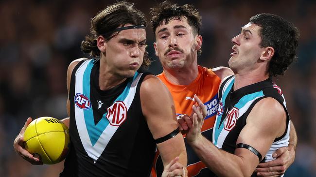 Young Port Adelaide forward Ollie Lord in action during the semi-final. Picture: Sarah Reed/AFL Photos