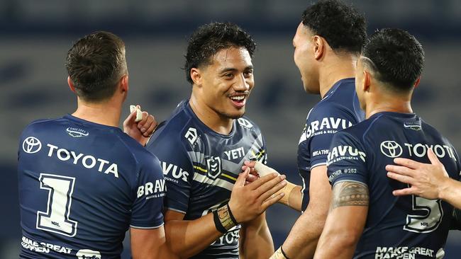 Murray Taulagi of the Cowboys celebrates scoring a try during the round 27 NRL match between Canterbury Bulldogs and North Queensland Cowboys at Accor Stadium, on September 07, 2024, in Sydney, Australia. (Photo by Mark Nolan/Getty Images)