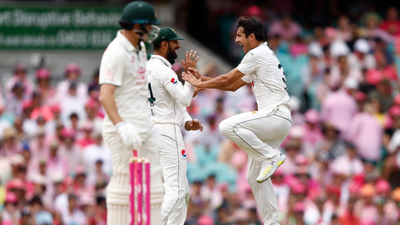 Mir Hamza celebrates the wicket of Steve Smith. Photo by Darrian Traynor/Getty Images.