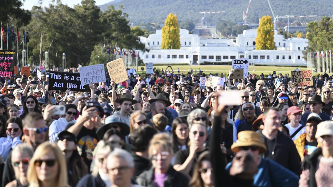 In excess of 5000 protesters gathered on the front lawn of Parliament House demanding an end to gender-based violence. NCA NewsWire / Martin Ollman