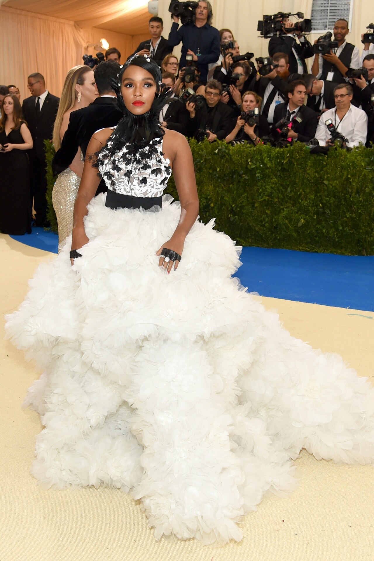 <h2><b>Janelle Monae in Ralph &amp; Russo at the 2017 Met Gala </b></h2><p><b><i>Theme:</i></b><i> Rei Kawakubo/Comme des Garçons: Art of the In-Between</i></p><p>Australian designers Tamara Ralph and Michael Russo of Ralph &amp; Russo sheathed Janelle Monae in white tulle at the 2017 Met Gala, a nod to the striking, avant-gardist visuals of Comme des Garçons tour de force Rei Kawakubo. The dress, which featured a frothy skirt and lace bodice, was sewn in with black appliqués and a feathered neckpiece, graduating upwards from the waist. Crystals in Monae’s hair offered the finishing touch—a flight of fancy Kawakubo would have approved of. </p>