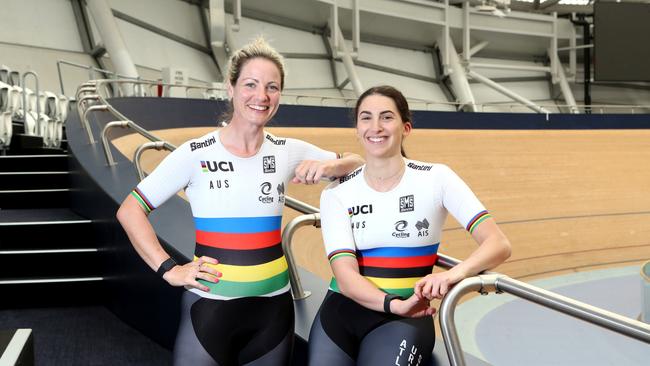 Emily Petricola (L) and Paige Greco at Anna Meares Velodrome. Picture: NCA NewsWire/Richard Gosling