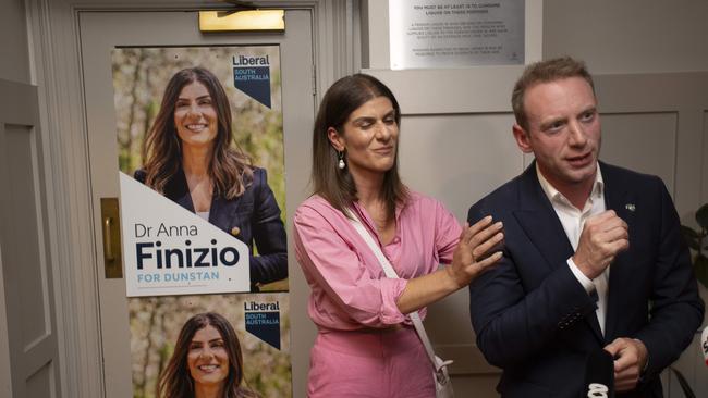 Anna Finizio comforts David Speirs at an election night party at the Robin Hood pub, where the pair refused to answer questions. Picture: Brett Hartwig