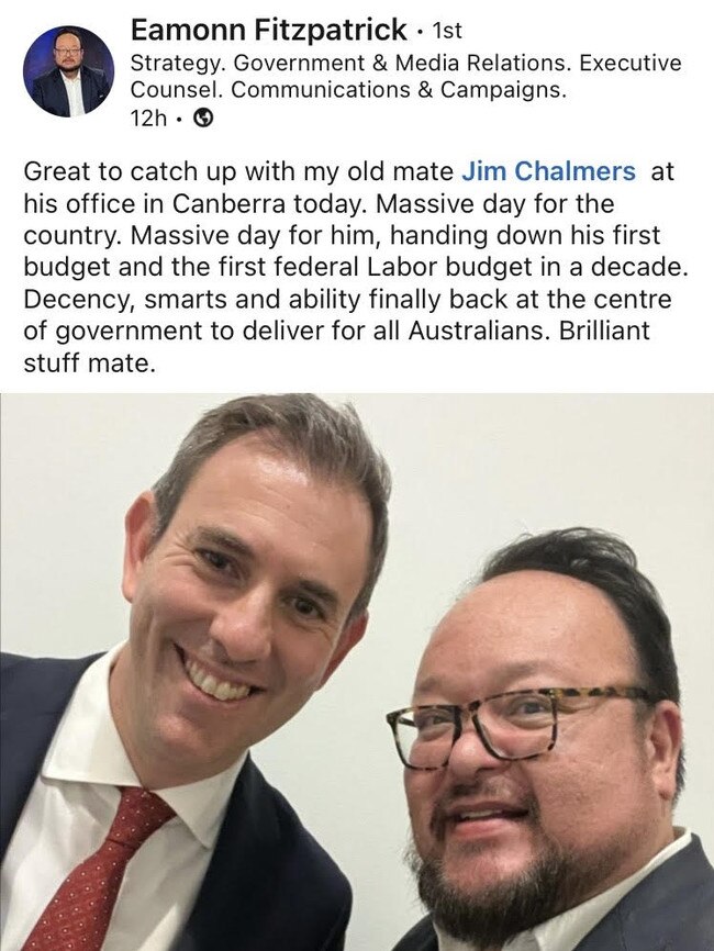 Labor lobbyist Eamonn Fitzpatrick's LinkedIn post on budget day, snapping a selfie with his ‘old mate’ Treasurer Jim Chalmers.