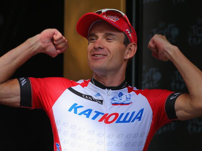 NIMES, FRANCE - JULY 20: Alexander Kristoff of Noraway and Team Katusha celebrates on the podium after winning the fifteenth stage of the 2014 Tour de France, a 222km stage between Tallard and Nimes, on July 20, 2014 in Nimes, France. (Photo by Doug Pensinger/Getty Images)