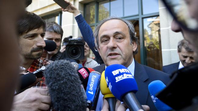 UEFA's fallen chief Michel Platini addresses the media as he leaves the Court of Arbitration for Sport.