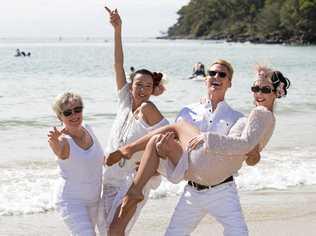 FUN COMES ALIVE: Pictured are festival president Johanne Wright with Penelope Mullens, Damien Anthony Rossi and Sunday Lucia. Picture: Barry Alsop