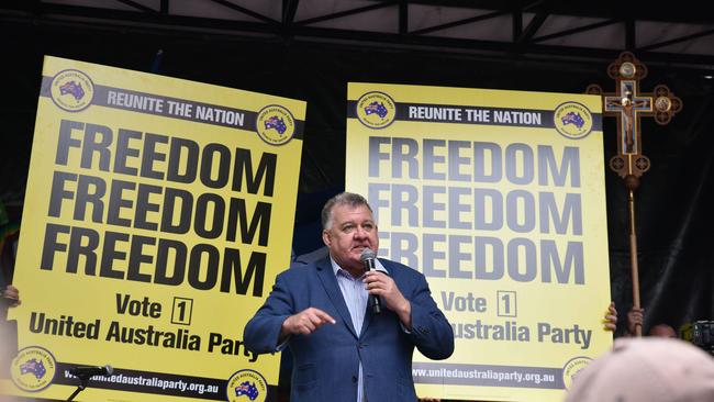 Craig Kelly spoke to protesters in Sydney on Saturday. Picture: NCA NewsWire / Flavio Brancaleone