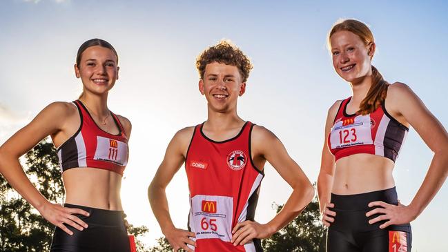 Olivia Dunlop, Finn Sorpassa and Tahnee Phillips getting ready for the 2024 Coles Little Athletics National Camp on the Gold Coast.Picture: Nigel Hallett