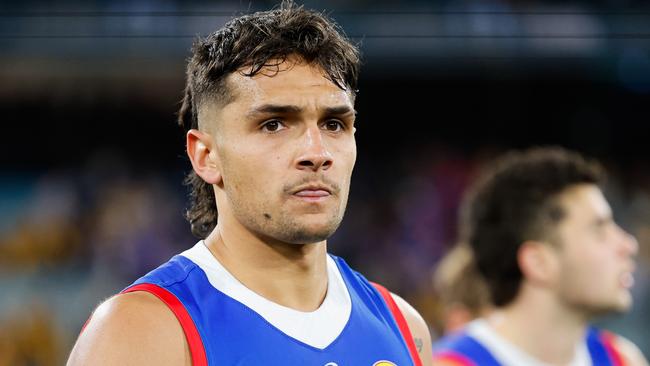 MELBOURNE, AUSTRALIA - SEPTEMBER 06: Jamarra Ugle-Hagan of the Bulldogs looks dejected after a loss during the 2024 AFL Second Elimination Final match between the Western Bulldogs and the Hawthorn Hawks at The Melbourne Cricket Ground on September 06, 2024 in Melbourne, Australia. (Photo by Dylan Burns/AFL Photos via Getty Images)