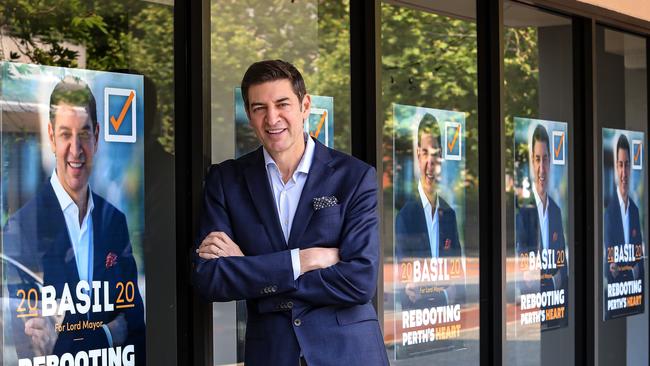 Media personality Basil Zempilas during his 2020 campaign for Lord Mayor of Perth. Photo: Colin Murty/The Australian