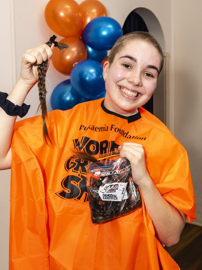 Tilly Thurbin after having her head shaved in World's Greatest Shave event at Fairholme College, Friday, May 27, 2022. Picture: Kevin Farmer