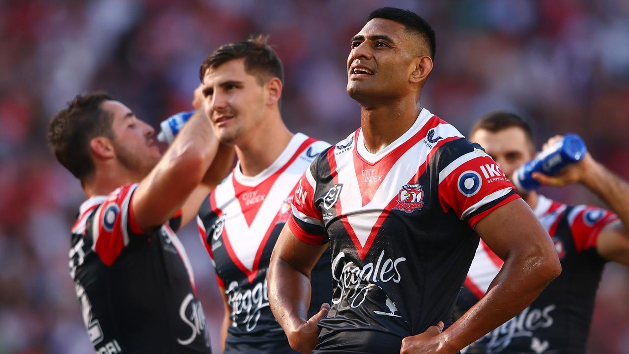 BRISBANE, AUSTRALIA - MARCH 05: Daniel Tupou of the Roosters looks on during the round one NRL match between the Dolphins and Sydney Roosters at Suncorp Stadium on March 05, 2023 in Brisbane, Australia. (Photo by Chris Hyde/Getty Images)