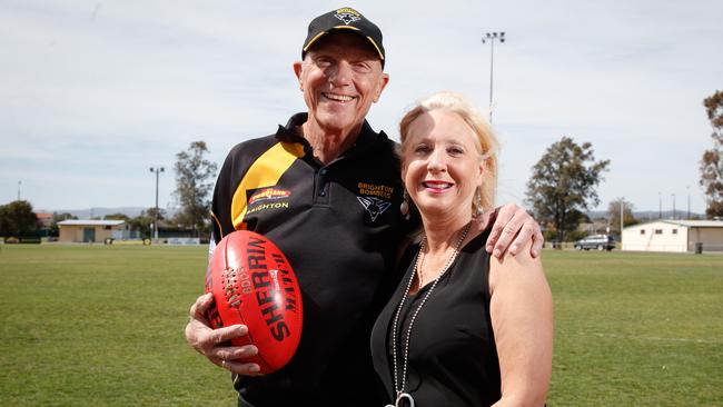 14/9/2018 Ex-SANFL star John Schneebichler with his wife, Jenny. John is battling cancer but hasn't taken a backwards step from Brighton Football Club, where he is footy director. Brighton is playing St Peter's Old Collegians in the div 2 grand final on Saturday. Picture MATT TURNER.