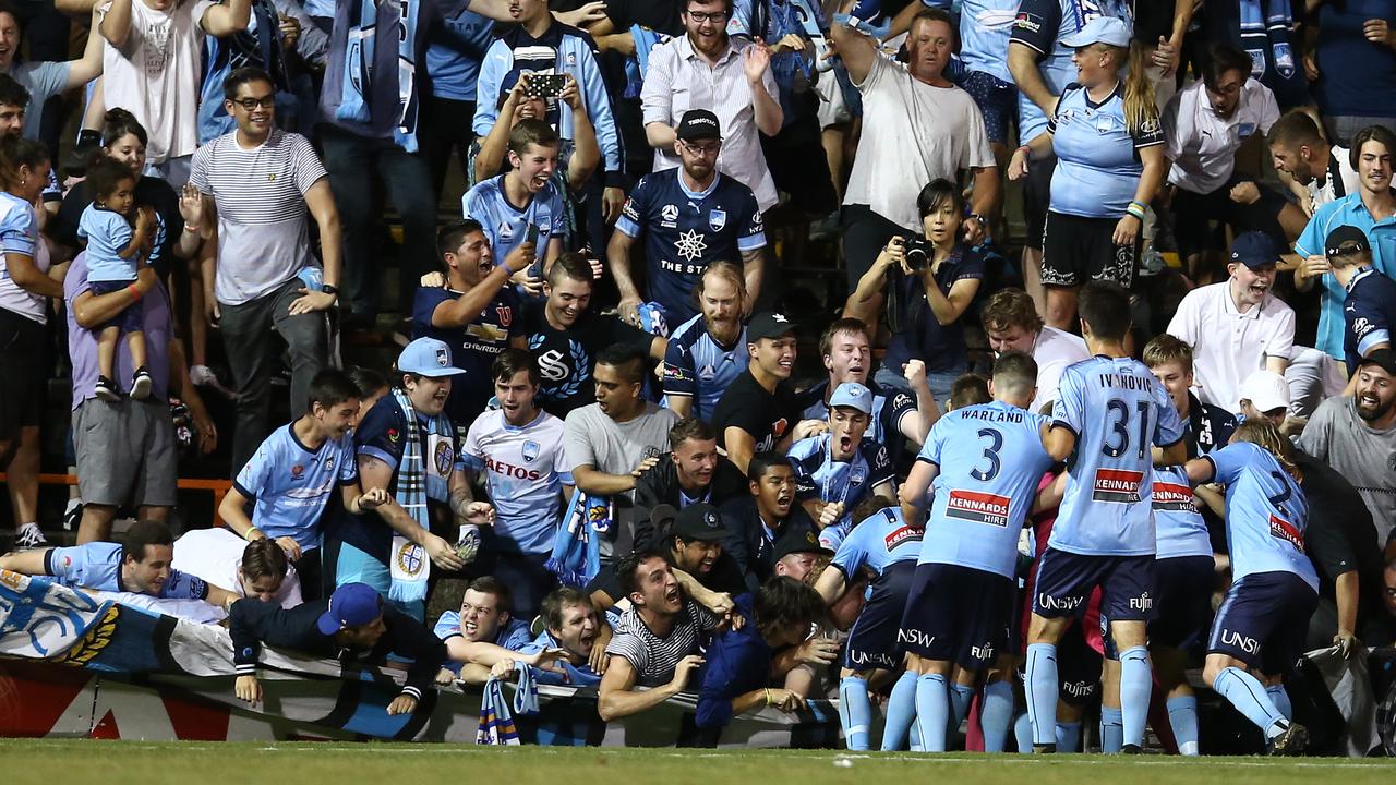 Part of the fence collapsed at Leichhardt Oval as Sydney FC celebrated their second goal.