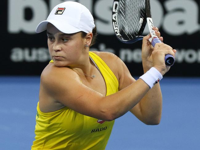 The World Cup of Tennis - Fed Cup. Women's Semifinal at Pat Rafter Arena, Brisbane. Australia vs Belarus. Day 2 - Ashleigh Barty playing against Aryna Sabalenka in the third singles game. Ash Barty.