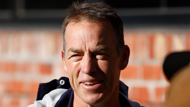 Clarkson speaks to media on his return to Arden St in July. Picture: Michael Willson/AFL Photos via Getty Images.