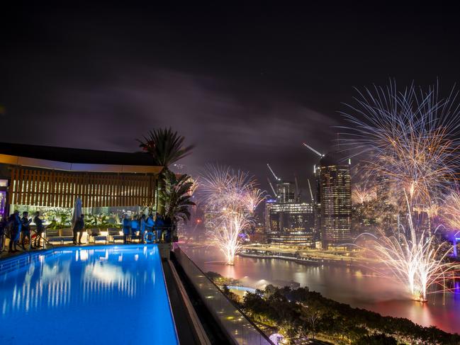 Fireworks exploding over the river in front of South Bank and viewed from the Emporium Hotel. Photo: Claudia Baxter