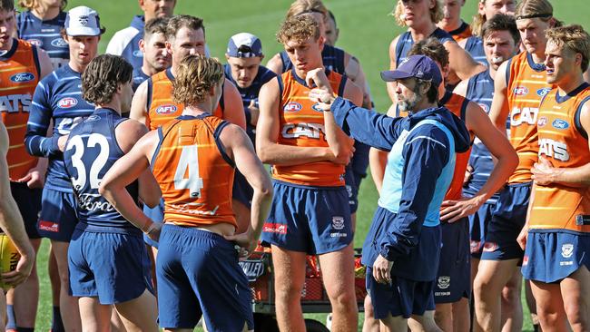 Chris Scott addresses his players at training on Thursday. Picture: Alison Wynd