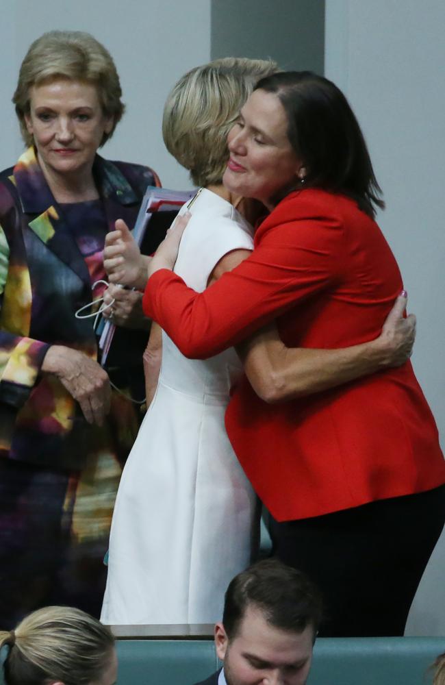 Kelly O'Dywer farewells Julie Bishop with a hug. Picture: Gary Ramage