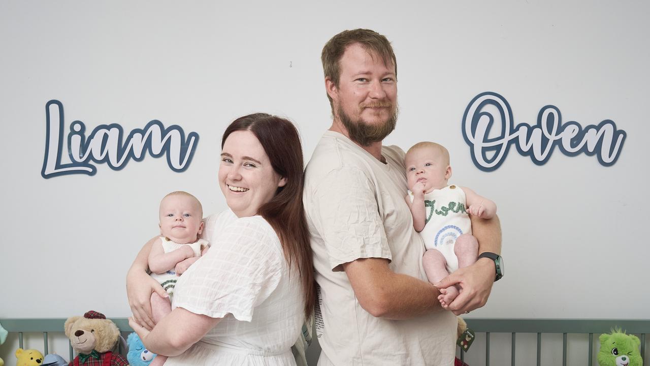 Cassandra Oest with Liam and Jake Oest with Owen at home in Elizabeth Vale. Picture: Matt Loxton