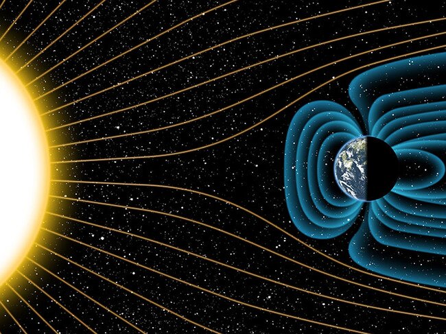 This graphic shows how Earth's magnetic field deflects solar radiation.