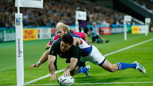 Nehe Milner-Skudder finishes off a superb try for the All Blacks during their win over Namibia.