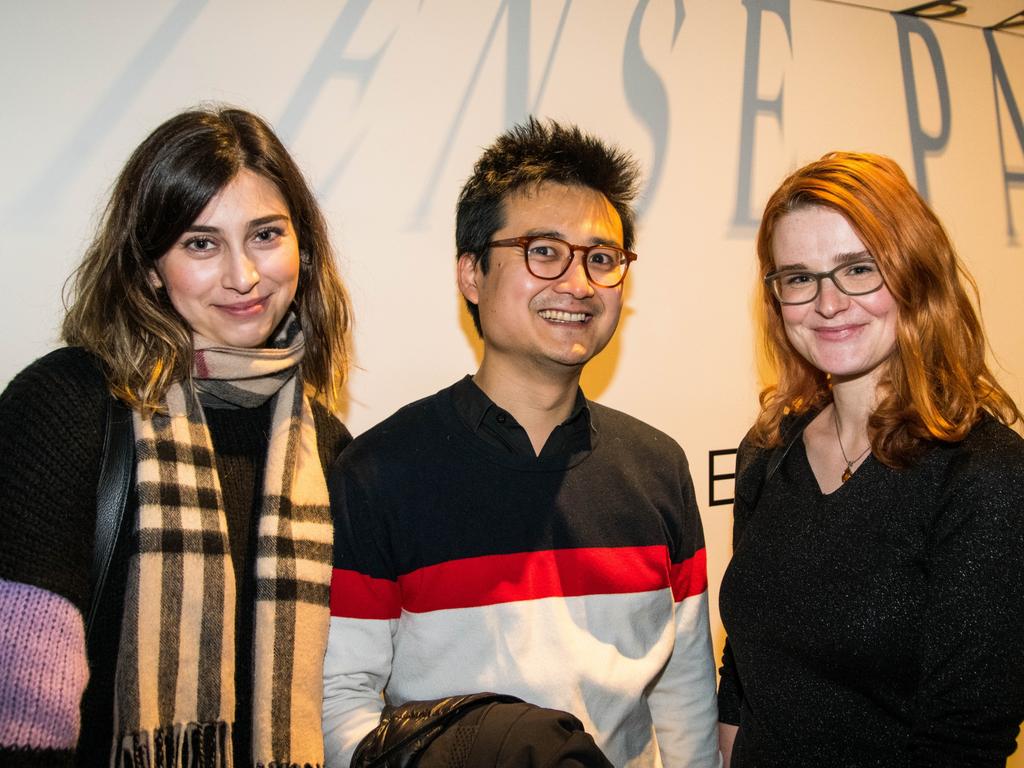 Opening of the TMAG Dark Mofo major exhibition Tense Past by Julie Gough. Aurora Henrich, of Sandy Bay, Hleft, ayato Simpson, of North Hobart, and Lily Harrington, of Hobart. Picture: Alastair Bett Photography