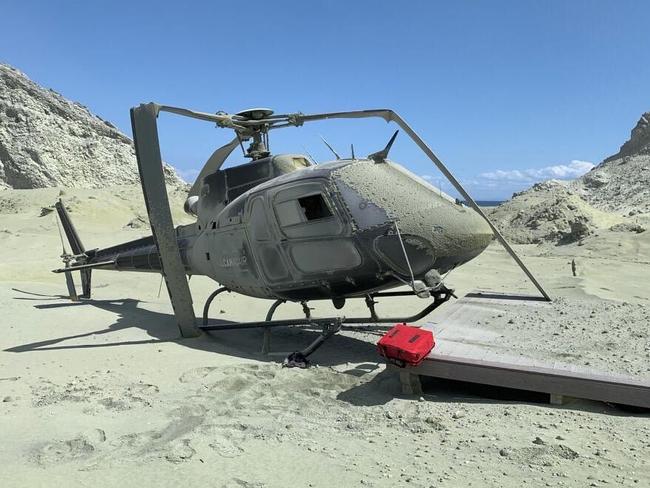 The iconic image of the helicopter broken by the volcano blast. Picture: Instagram