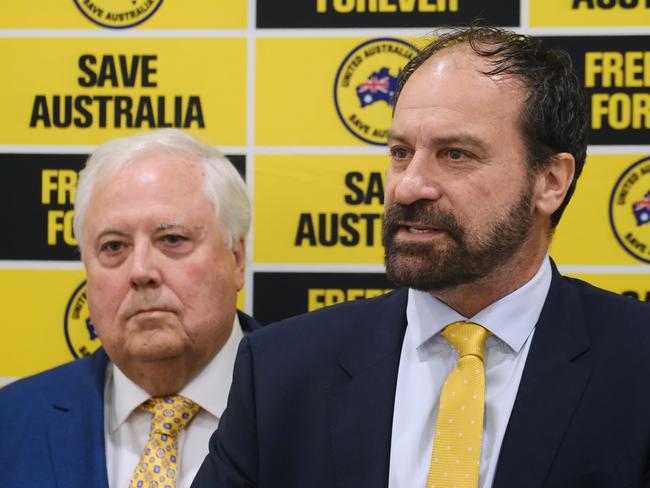 UAP leader Clive Palmer with newly appointed Victorian leader Geoff Shaw. Picture: Luis Ascui