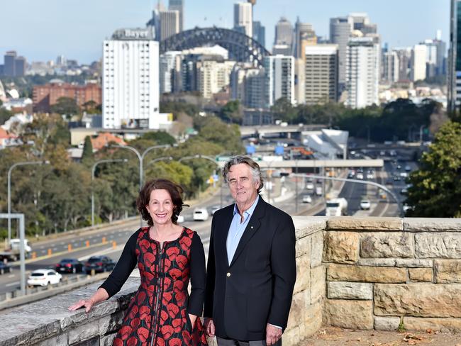 North Sydney Mayor Jilly Gibson and Mosman architect Michael Fox overlooking the Warringah Freeway at North Sydney on Monday. Sweeping new parkland plans for Warringah Freeway have been unveiled that are three years in the making. Picture: Troy Snook