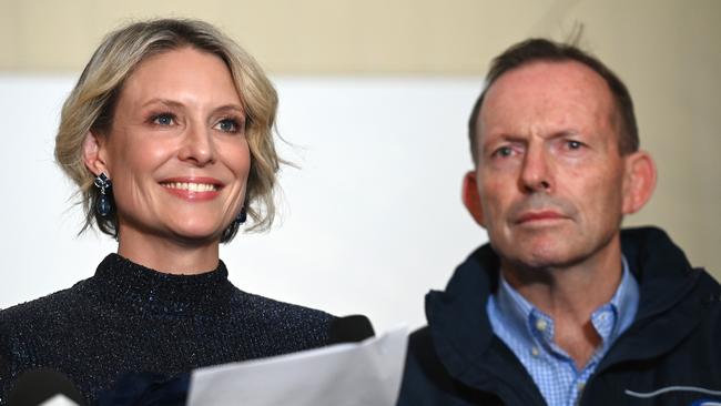 Liberal candidate for Warringah, Katherine Deves, and former PM Tony Abbott on Saturday. Picture: Jeremy Piper