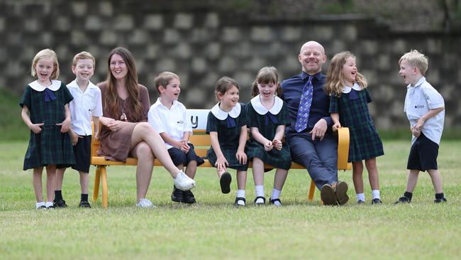 Coast Christian School principal Matthew Drennan with kindergarten teacher Georgina Battle and kindy (l-r) Lilly Jones, Tyler King, Oliver Lendrum, Clementine Stucken, Lola Robertson, Vivienne Carney and Morgan Smith. Picture: Sue Graham