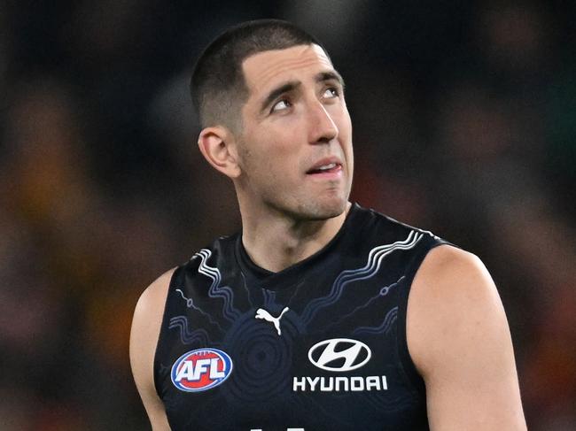 MELBOURNE, AUSTRALIA - MAY 25: Jacob Weitering of the Blues looks on during the round 11 AFL match between Carlton Blues and Gold Coast Suns at Marvel Stadium, on May 25, 2024, in Melbourne, Australia. (Photo by Daniel Pockett/Getty Images)