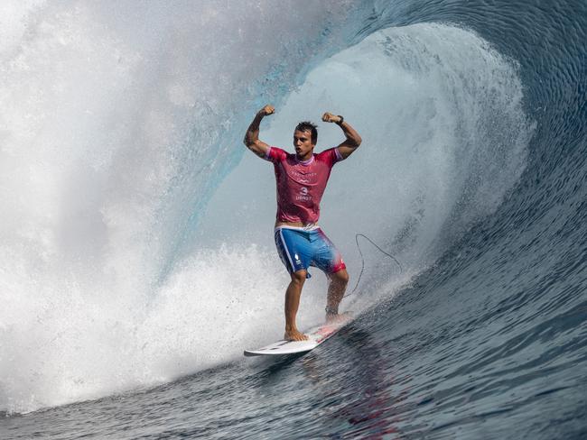 Kauli Vaast reacts as he exits a wave during the men's gold medal surfing final. Picture: Getty Images