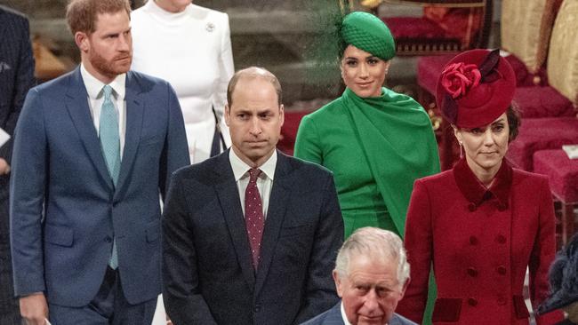 Prince William and Kate, Duchess of Cambridge, leave the annual Westminster Abbey with the soon-to-retire royals behind. Picture: Phil Harris/AP