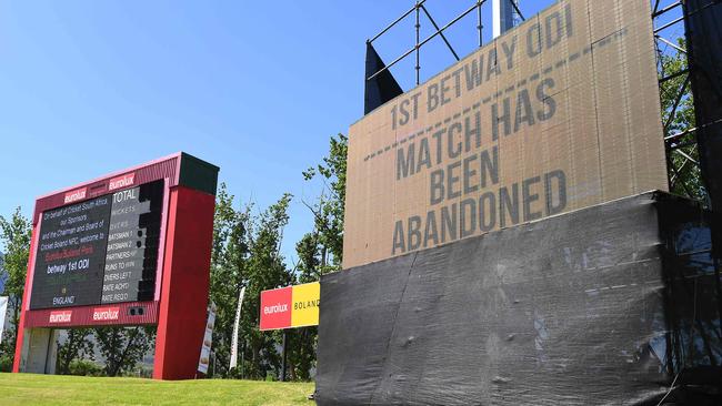 A screen announces that the first one-day international cricket match between South Africa and England has been abandoned at Boland Park stadium in Paarl, South Africa. Picture: AFP