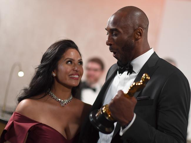 Kobe Bryant celebrates his Oscar win with wife Vanessa. Picture: Supplied