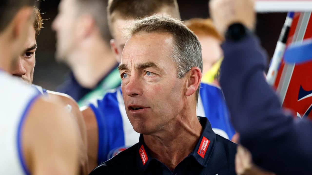 MELBOURNE, AUSTRALIA - APRIL 21: Alastair Clarkson, Senior Coach of the Kangaroos addresses his players at there quarter time during the 2024 AFL Round 06 match between the North Melbourne Kangaroos and the Hawthorn Hawks at Marvel Stadium on April 21, 2024 in Melbourne, Australia. (Photo by Dylan Burns/AFL Photos via Getty Images)