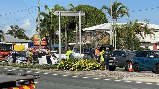 Three vehicles collided on Nebo Rd sometime after 8am Tuesday March 5. Photo: Fergus Gregg