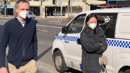 Brawling COVID-19 mother's chatroom offender Mengli Jiang (left), of Brookvale, arriving with a supporter at Manly Local Court to be sentenced. Picture: Jim O'Rourke