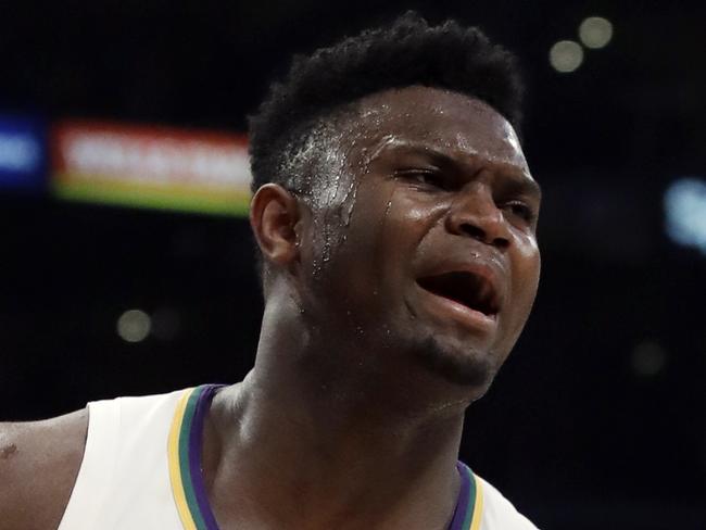 New Orleans Pelicans' Zion Williamson celebrates after scoring during the second half of an NBA basketball game against the Los Angeles Lakers Tuesday, Feb. 25, 2020, in Los Angeles. (AP Photo/Marcio Jose Sanchez)